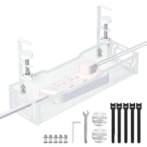 Under Desk Cable Management Tray, No Drill Mesh Desk Cable Tray, Wire Management Tray Cable Management Rack, Wire Organizer and Cable Management Box (White)