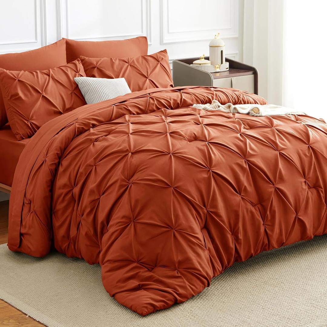 Pintuck Bed in a Bag, 7 Pieces Full Size Comforter Set Burnt Orange, Pinch Pleat Bed in a Bag, Soft All Season Bedding Sets with Comforter, Flat Sheet, Fitted Sheet and Pillowcases & Shams,  Burnt Orange, Full