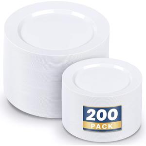 WDF 200pcs White Plastic Plates Disposable - Heavy Duty Plastic Plates for Party - Include 100 x 10" Dinner Plate and 100 x 7" Dessert/Cake Plate - Ideal for Weddings/Parties/Events
