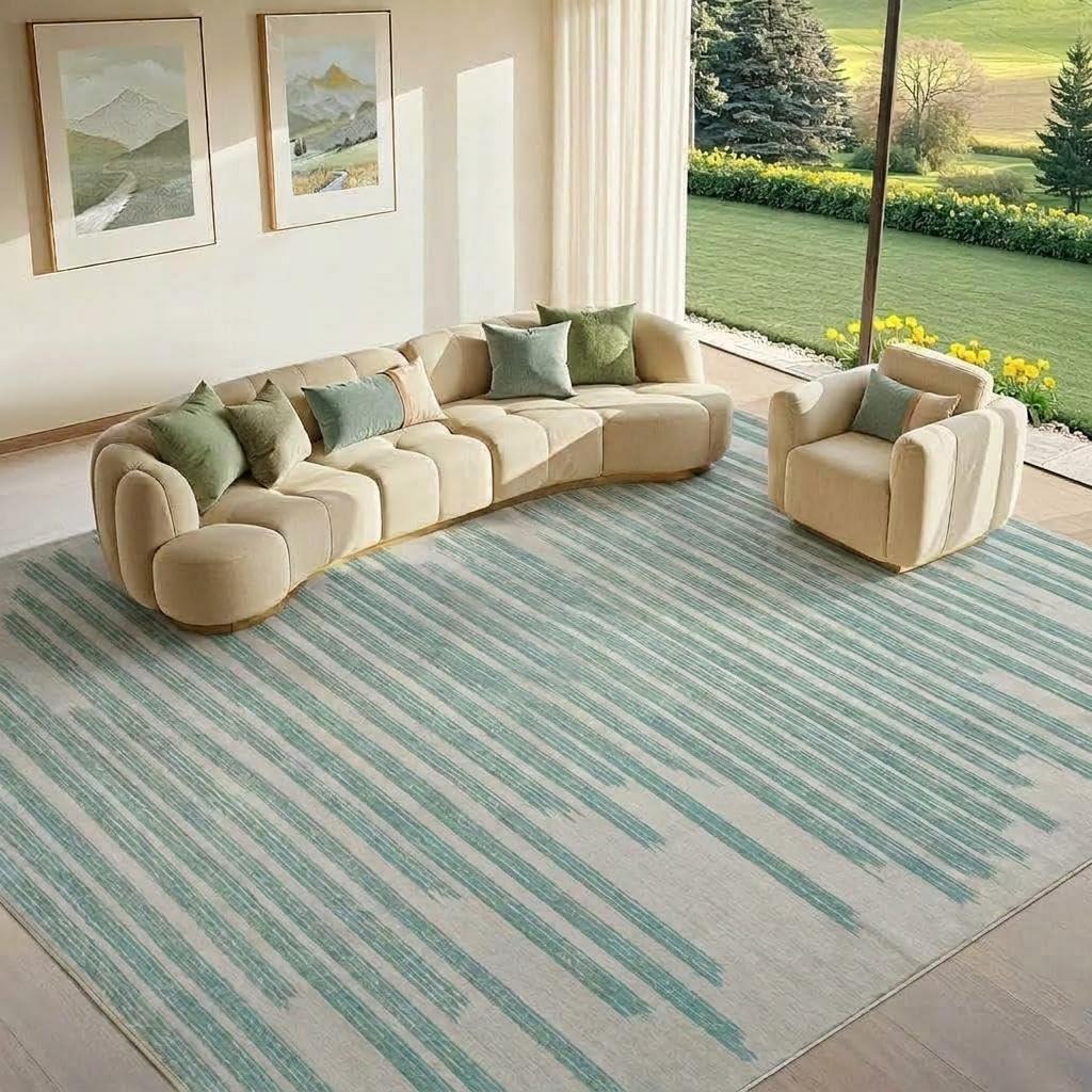 GarveeHome Green Rug 6x9 Perfect for Spring Modern Striped Washable Low Pile Carpet for Living Room Bedroom Home Office Geometric Non Slip Stain Resistant Indoor Area Rugs, Turquoise