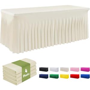 leegleri 4 Pack Ivory Spandex Table Clothes for 6 Foot Rectangle Tables, Wrinkle Free Fitted Table Cover 6ft Stretch Tablecloths with Skirt for Parties Weddings Birthday Banquet Baby Shower