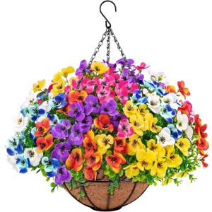 Artificial Hanging Flowers with Baskets for Outdoors, Fake Silk Pansy Flowers UV Resistant Faux Hanging Plants for Front Porch Patio Yard Home Spring Summer Decoration, Multicolor