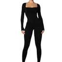 Sunzel Long Sleeve Bodysuits One Piece Jumpsuit for Women with Square Neck and Butt Scrunch Leggings Seamless Ribbed Rompers (25" Inseam, Large, Black)