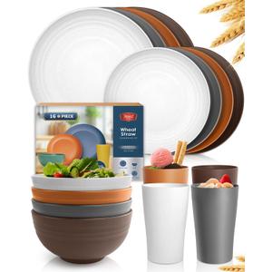 Teivio 16-Piece Kitchen Plastic Wheat Straw Dinnerware Set, Service for 4, Dinner Plates, Dessert Plate, Cereal Bowls, Cups, Unbreakable Plastic Outdoor Camping Dishes, Farmhouse