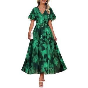 ZESICA Women's 2025 Summer Floral V Neck Midi Dress Boho Short Sleeve High Waist Flowy Beach Vacation Dresses with Belt, M