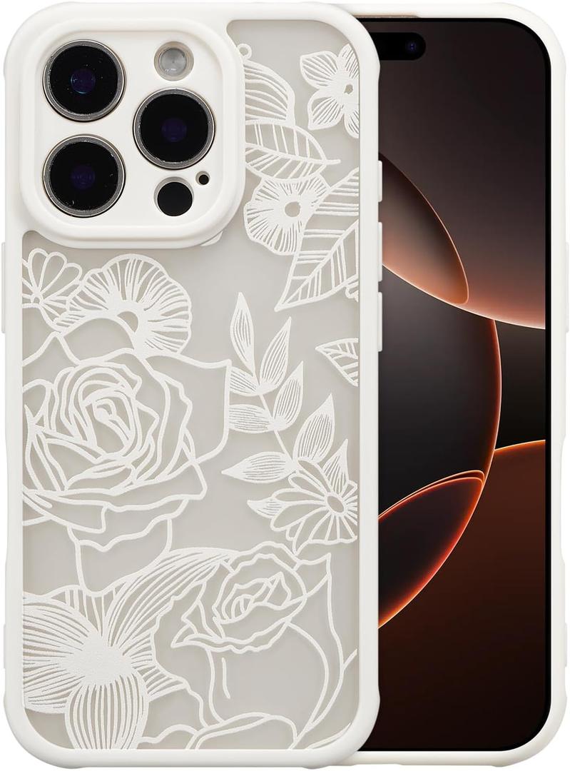 XIZYO for iPhone 16 Pro Case, Floral Rose Cute Phone Case for Women Girls Aesthetic Pattern Print Slim TPU Bumper Shockproof Protective Cover for iPhone 16 Pro 6.3 Inch, White