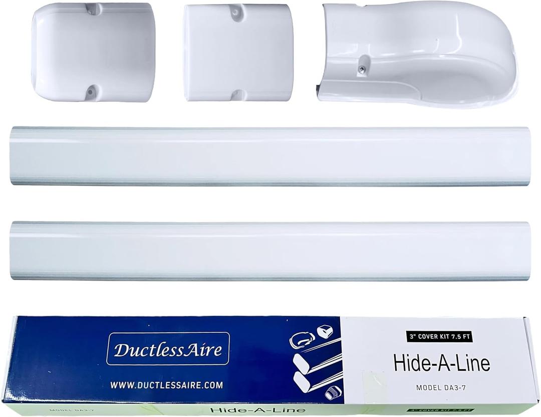 DuctlessAire White Paintable Mini Split Line Set Cover Kit - Cover for Ductless Mini Split AC & Heating System - Easy to Install Cover Kit with Wall Cap, Hide-A-Line, Coupler & End Cap (3" x 7.5 ft.)