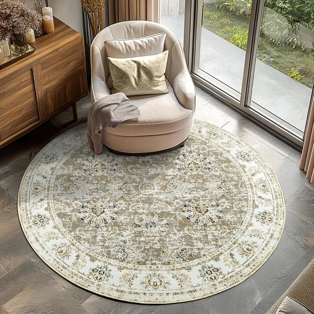 jinchan Fiora Round Rug 6ft Area Rugs Vintage Floral Distressed Design - Machine Washable Non-Slip Low-Pile Ultra-Thin Circle Rug for Entryway Bedside Living Room Dining Room Bedroom (6' Round, Taupe)