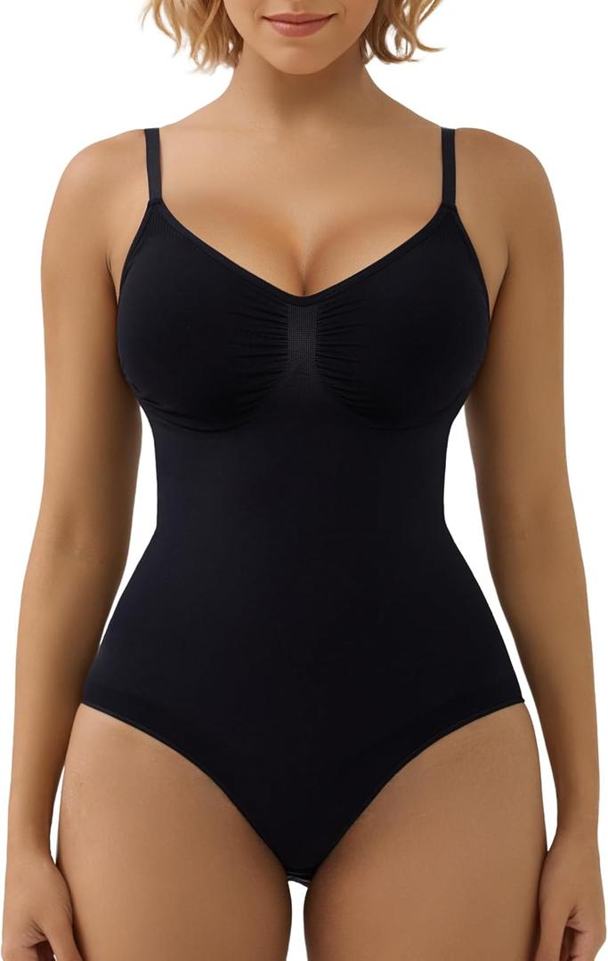 SHAPERX Women's Shapewear Bodysuit Tummy Control Body Shaper Waist Snatching Seamless Body Suit, Size L/XL (Black)