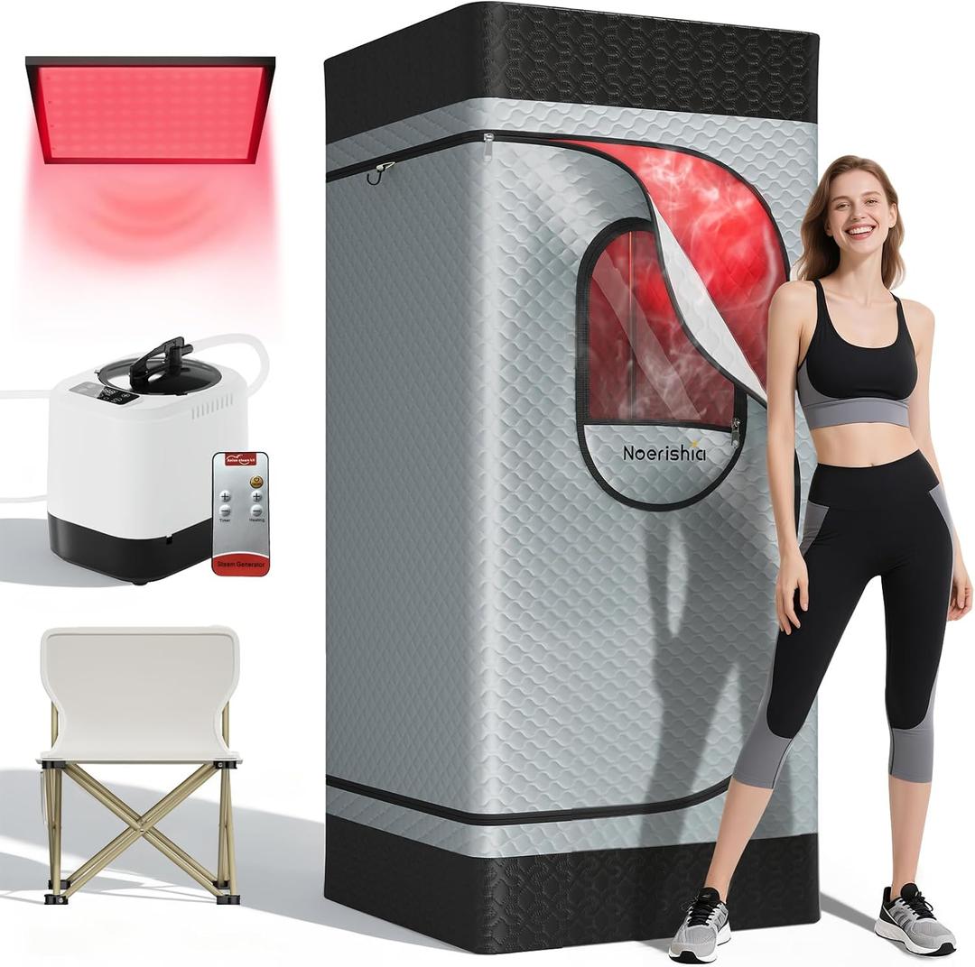 Portable Infrared Sauna Box for Home with 3L 1200W Steamer, Big Folding Chair, 99 Mins Timer, 9 Levels, Steam Sauna Tent with 660nm + 850nm Red Light Therapy, for Home Spa Detoxification