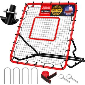 48x52inch Baseball Rebounder Anti-UV 3 Adjustable Angles Fielding Trainer, Volleyball Softball Football Rugby Baseball Bounce Back Net Stable Easy Storage Pitch Back Rebound Net with 4 Stakes (Red)