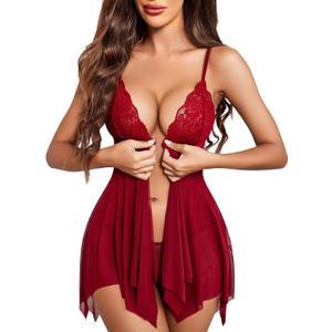 Avidlove Women Lace Lingerie Front Closure Babydoll V Neck Nightwear Sexy Chemise Nightie (B Deep Red) XL