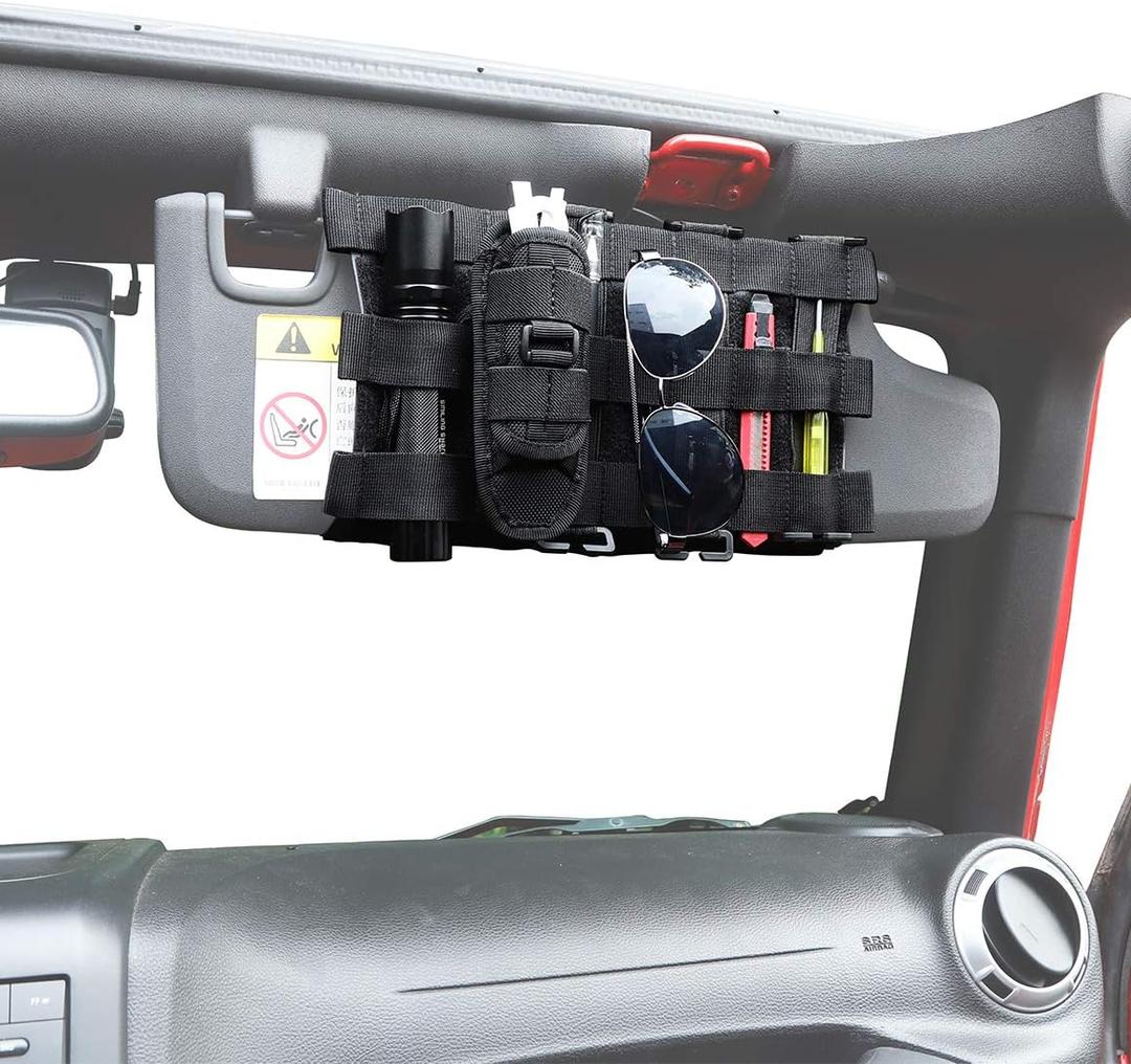 Savadicar Tactical Sun Visor Organizer Front Visor Storage Cover for 2007-2023 Jeep Wrangler JK JL & Gladiator JT, Interior Storage Accessories, Black, 1 PCS Savadicar Tactical Sun Visor Organizer Front Visor Storage Cover for 2007-2023 Jeep Wrangler JK JL & Gladiator JT, Interior Storage Accessories, Black, 1 PCS