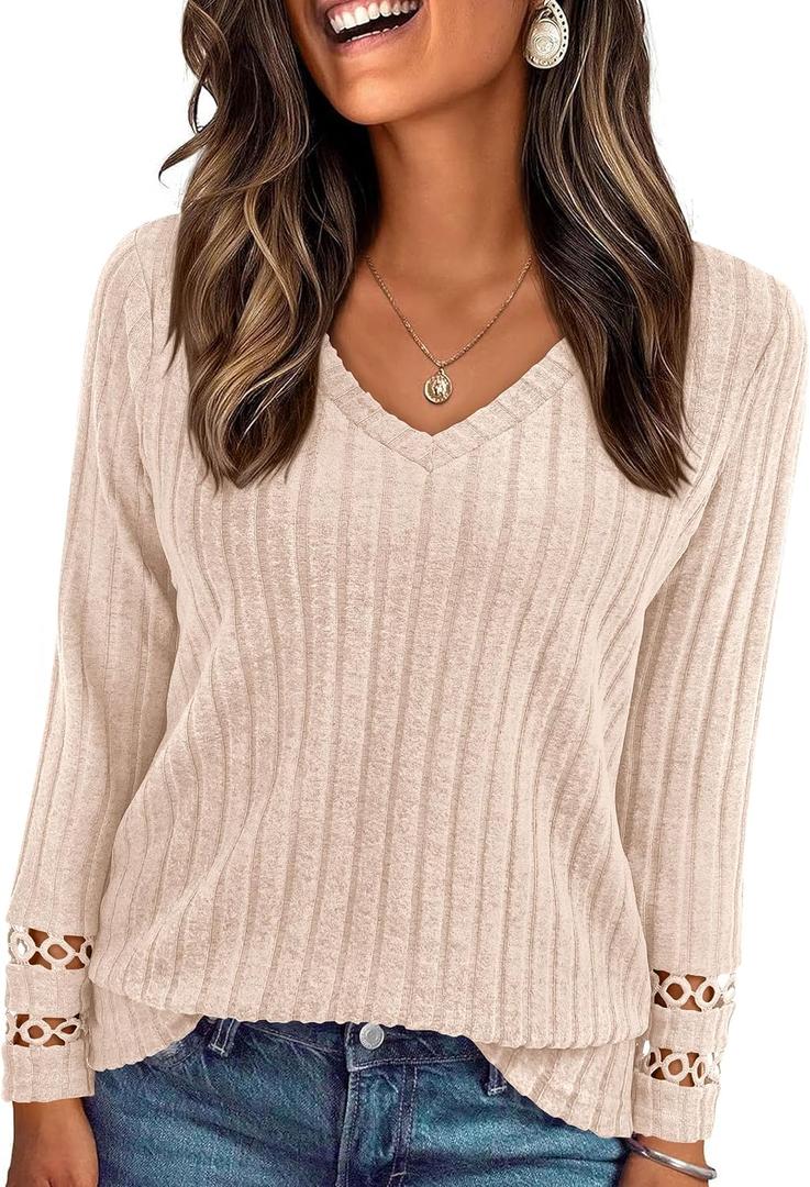 PRETTYGARDEN Women's Long Sleeve Shirts Ribbed Knit V Neck Tee Dressy Casual Blouses Going Out Tunic Tops 2026 Fall Outfits (Beige, S)