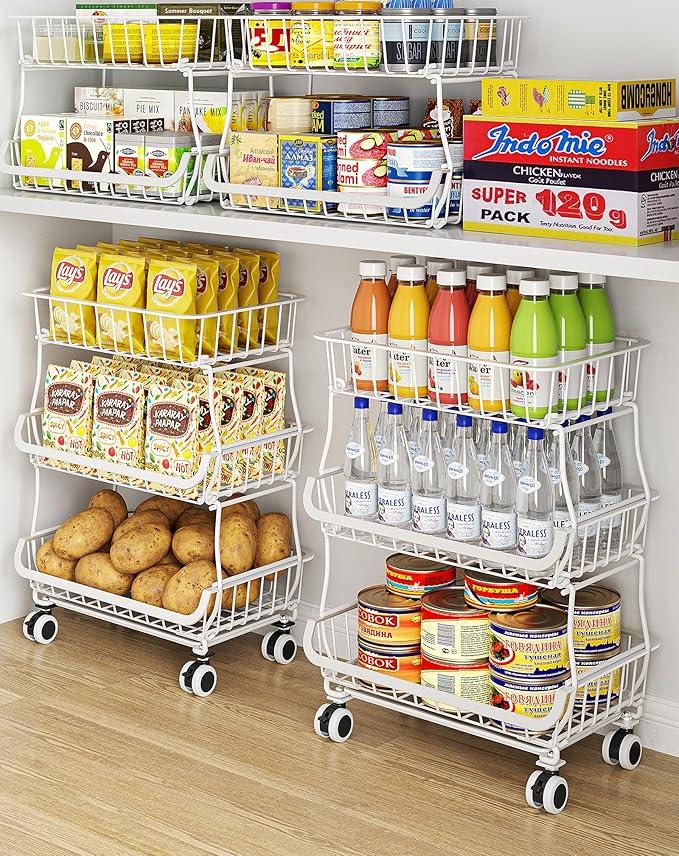 3Tier Rolling Pantry Cart with Wheels, Stackable Wire Storage Floor Organizer for Kitchen Pantry Snack Shelves, Fruit Basket Stand, Vegetable Storage Rack for Food Snacks Onion Potato, White