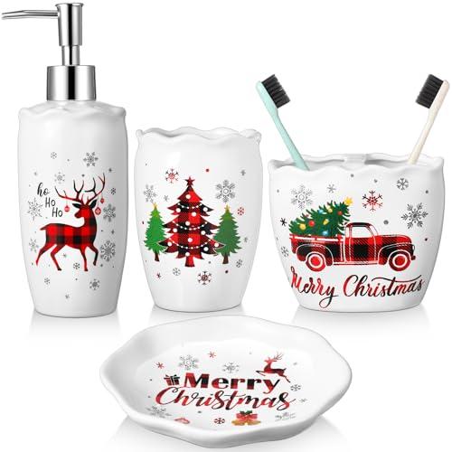 Newtay Christmas Bathroom Accessories Set of 4, Christmas Buffalo Bathroom Decor Merry Christmas Bathroom Tumbler Soap Dispenser Toothbrush Holder Soap Dish for Winter Xmas Theme Bathroom Decoration