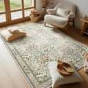 Vintage Washable Area Rug 4x6, Beige & Blue Low Pile Non-Slip Stain Resistant, Distressed Retro for Bedroom Under Bed, Living Room, Nursery, Kitchen & Entryway