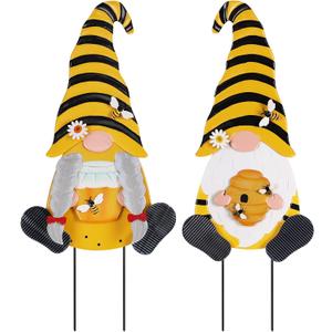 YEAHOME Metal Gnome Decorative Garden Stakes, 2 Pcs Outdoor Garden Decor with Honeybee Ornament Spring Decorations Yard Art Stakes for Indoor Outdoor Patio Lawn (Yellow & Orange)