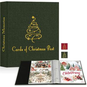 Sunauto Christmas Card Booklet 5x7, Linen Cover Christmas Greeting Card Binder Organizer with 50 Plastic Sleeves, Holds 100 Cards for Holiday Xmas Memory Keepsake Storage Book Album (Green)