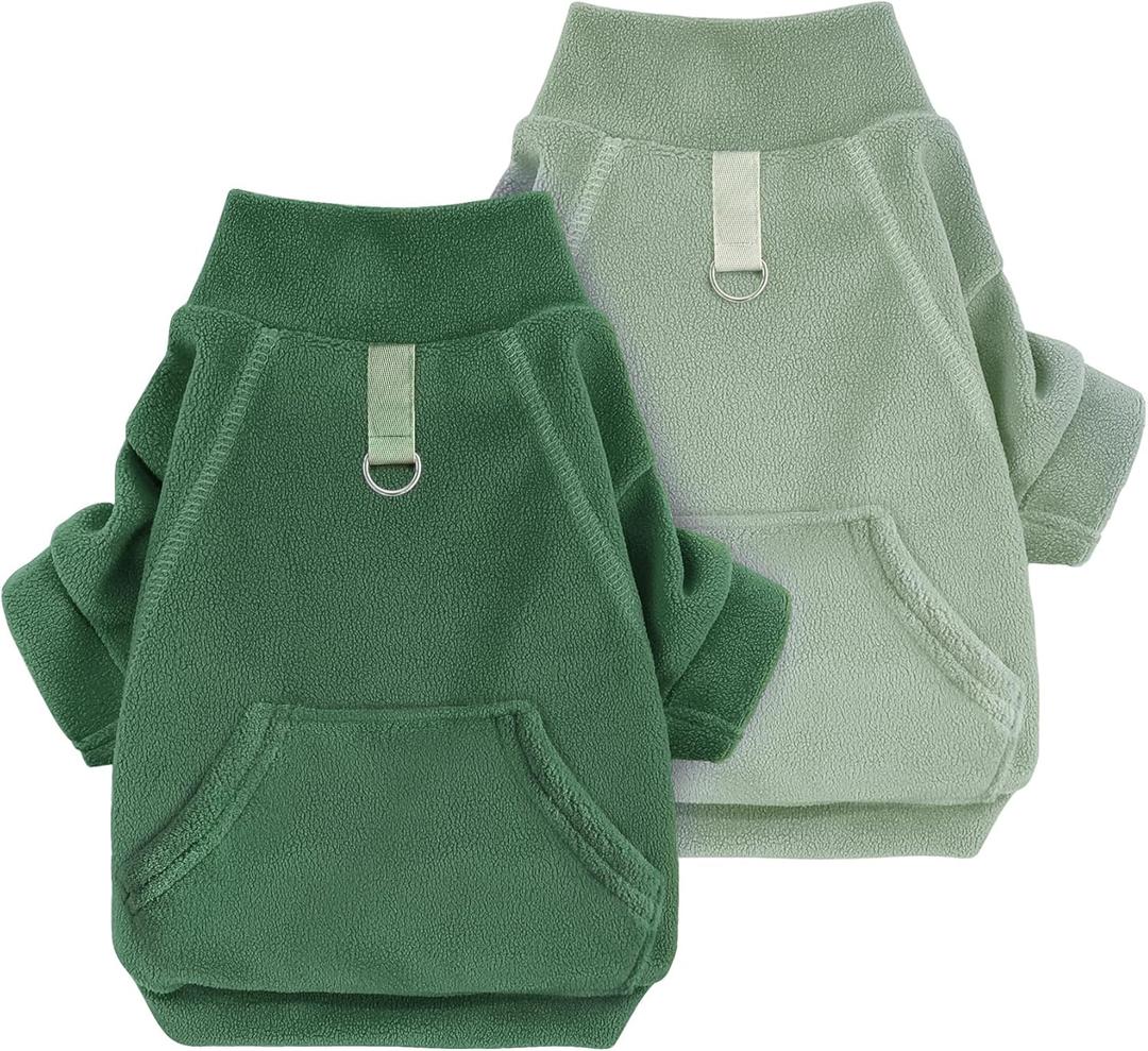 Idepet Fleece Dog Sweater 2 Pack, Winter Pet Clothes Turtleneck Sweatshirt Stretchy Small Dog & Cat Apparel with Leash Ring, Green, Dark Green, X-Small