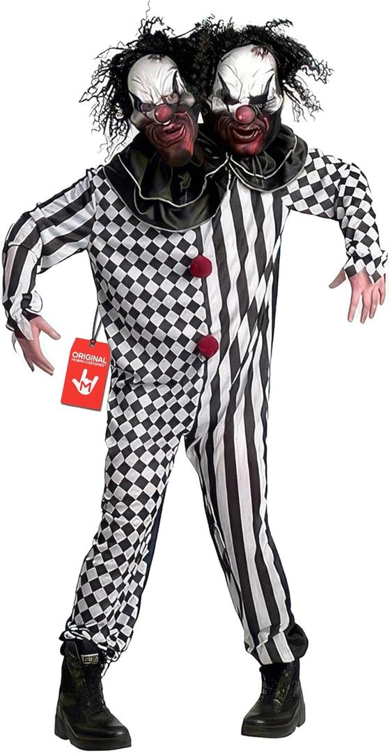 Morph Scary Clown Costume for Adults, Killer Clown Costume Men and Women, Halloween Scary Outfit, Creepy Horror Suit, 2 heads (Large)