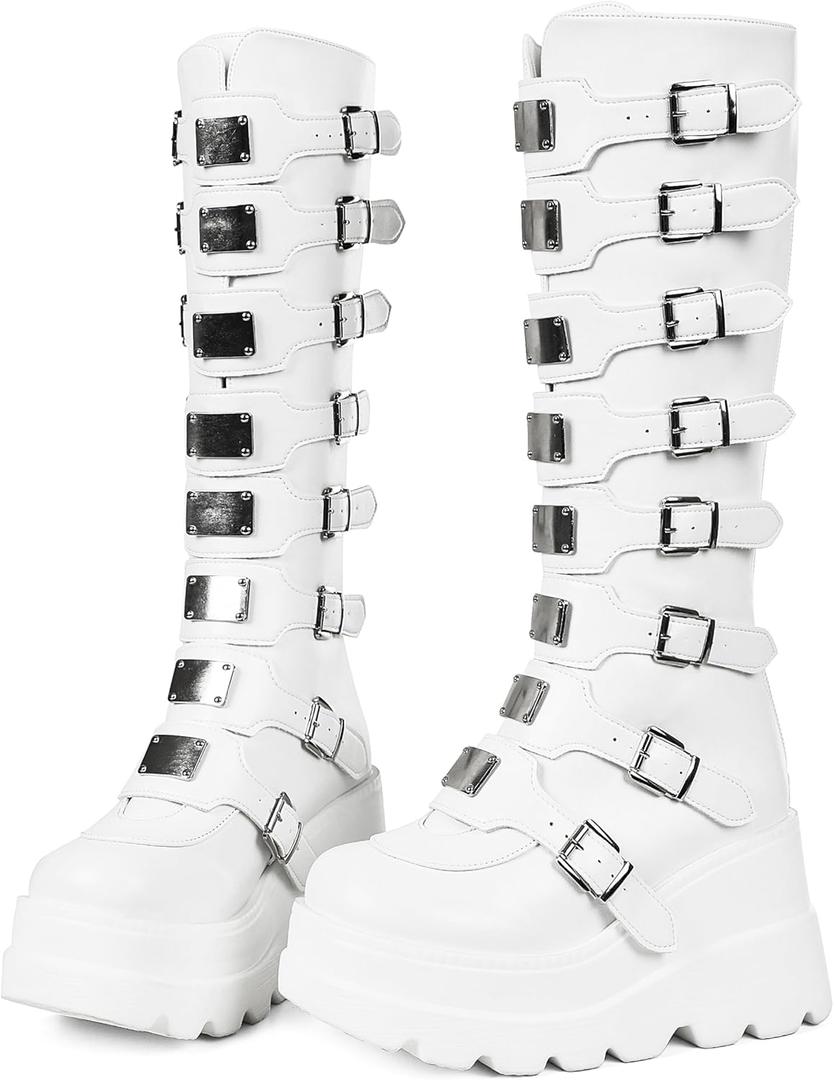 CELNEPHO Womens Wedge Platform Knee High Boots High Heel Round-Toe Zip Punk Goth Mid Calf Combat Boots For Women (White)
