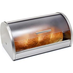 Bread Box for Kitchen Countertop Stainless Steel Bread Holder Bin Storage Container with Frosted Acrylic Roll Top Lid