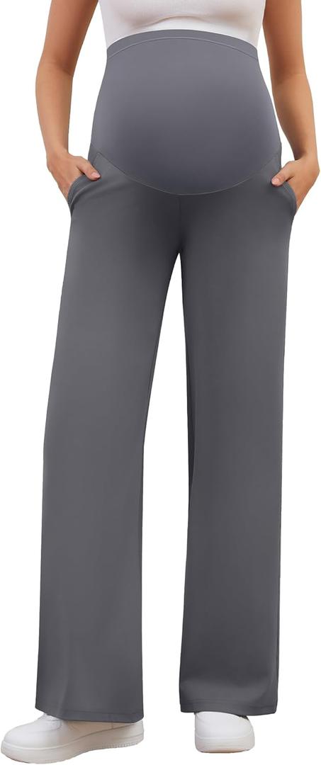 PACBREEZE Women's Maternity Pants Yoga Wide Leg Pregnancy Pants Stretchy Lounge with Pockets(Dark Gray, Small)
