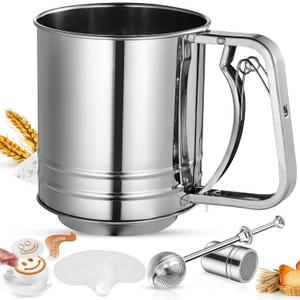 4 In 1 Flour Sifter Stainless Steel, 5 Cup Flour Sifter for Baking, Sifter for Baking with Powdered Sugar Duster Set, Flour Shaker Duster for Baking Cakes, Pies, Pastries, Desserts and Cupcakes