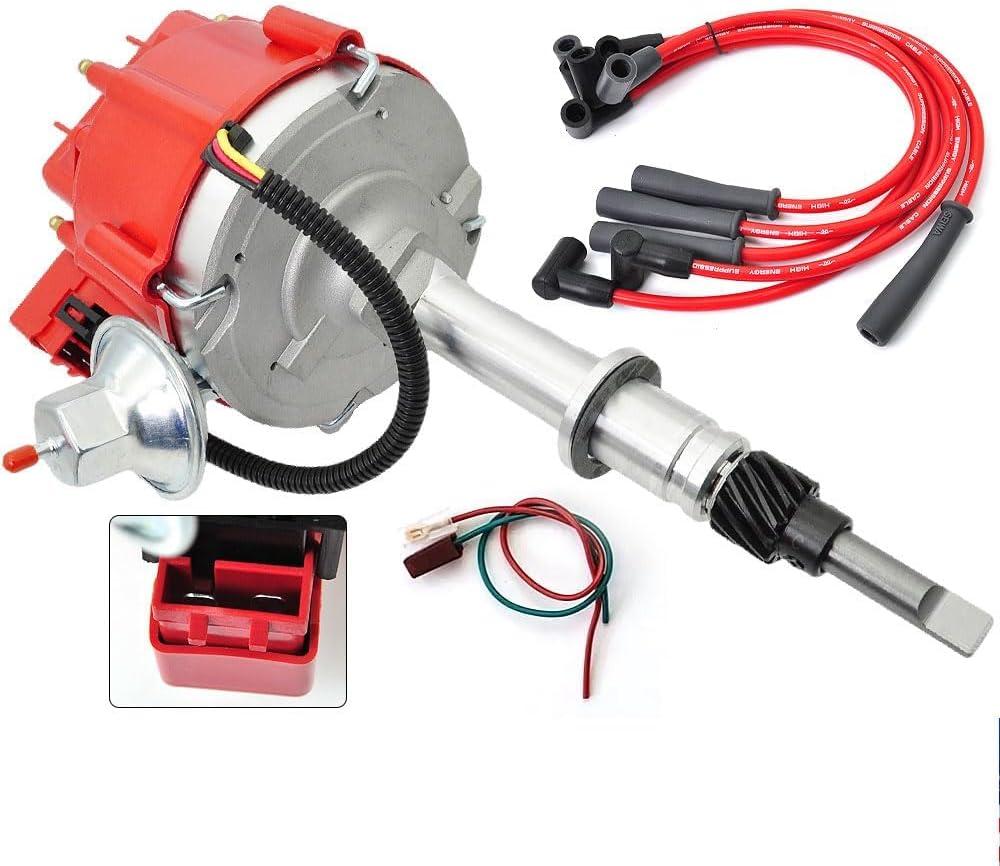 HEI Ignition Distributor 6522R with Red Plug Wires Compatible with Chevy Inline 6 Cylinder 230 250 292, Amc/Jeep 232&258 1956-1990 Replace# 164-15AZ, 841697, 301697