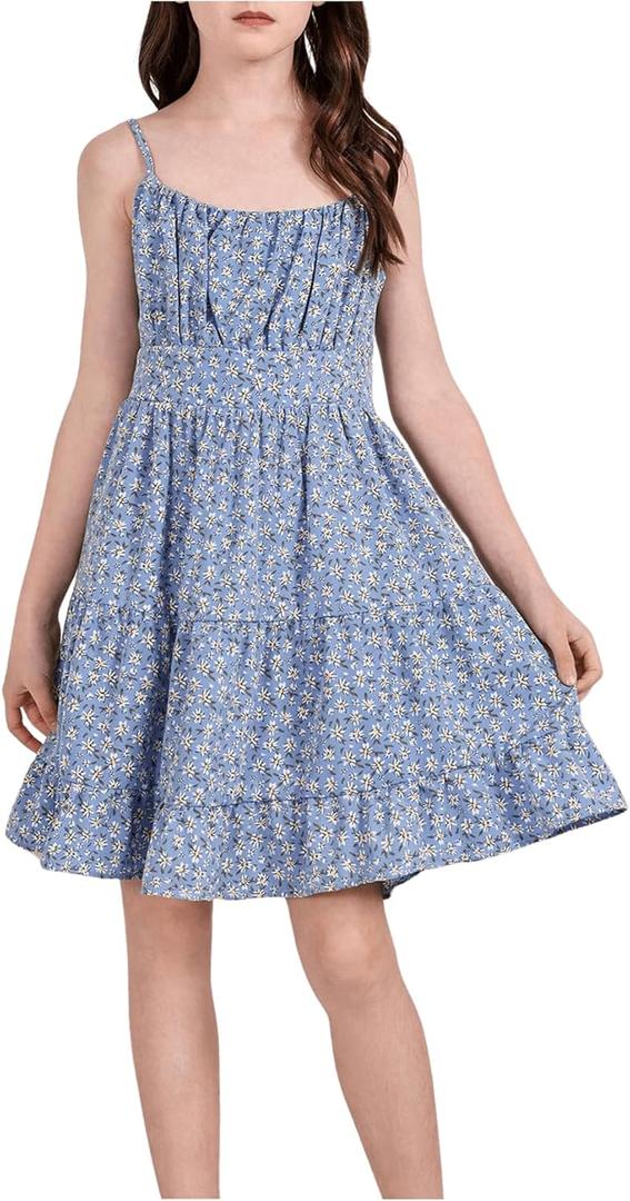 Girl's Summer Dress Floral Ruffle Hem Spaghetti Strap Ruched Bust Cami Short Dress Sundress (Blue) 9Y