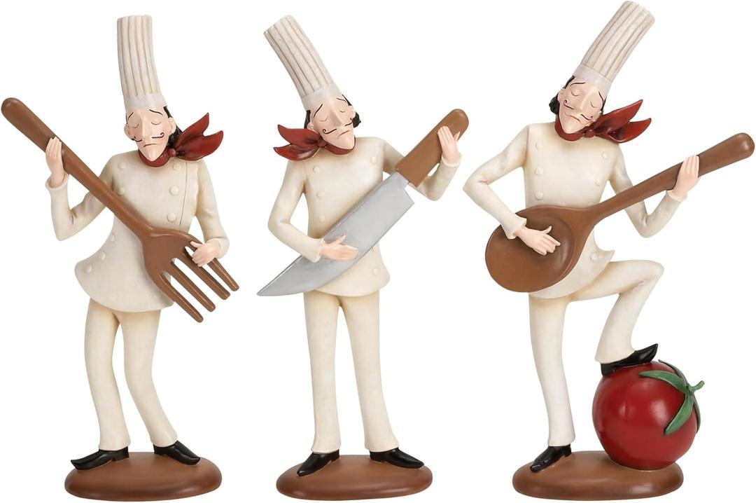 Deco 79 Polystone Chef Decorative Sculpture Home Decor Statues with Musical Instruments, set of 3 Accent Figurines 8" x 3" x 14", White