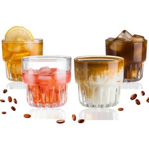 8oz Drinking Glasses Set of 4, Stackable Iced latte Coffee Glass, Cute Coffee Bar Accessories, Beer Glasses, Cocktail Glasses, Coffee Mugs for Latte, Tea, Water glasses for bar, restaurant