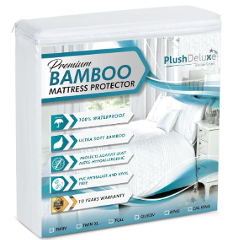 PlushDeluxe Premium Bamboo Mattress Protector – Queen Size, Waterproof, & Ultra Soft Breathable Noiseless Washable Bed Mattress Cover for Comfort & Protection - White