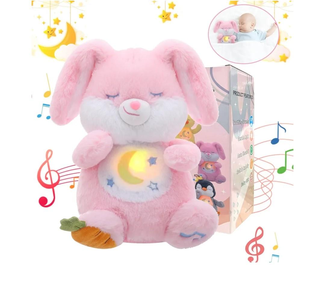Breathing Stuffed Animal, Soothe Snuggle Pink Easter Bunny Stuffed Animal for Anxiety Adults and Kids, Volume Control Soothing Bunny Plush with Realistic Breathing and Lights, Easter Basket Stuffers