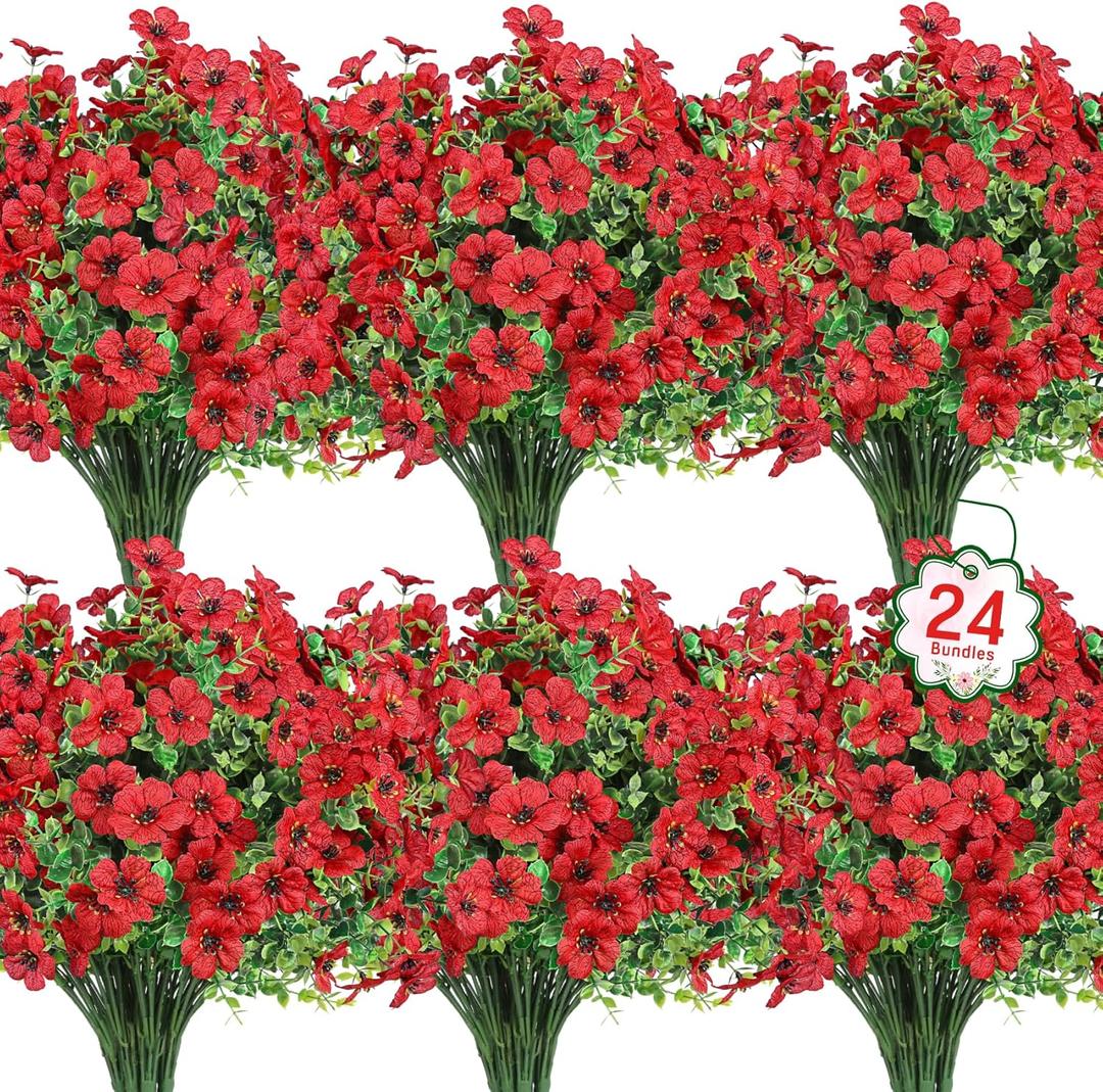 Ouddy Decor 24 Bundles Artificial Flowers for Outdoors Fake Silk Flowers UV Resistant Faux Plastic Plants for Spring Summer Garden Porch Window Box Table Vase Home Indoor Outdoor Decoration, Red