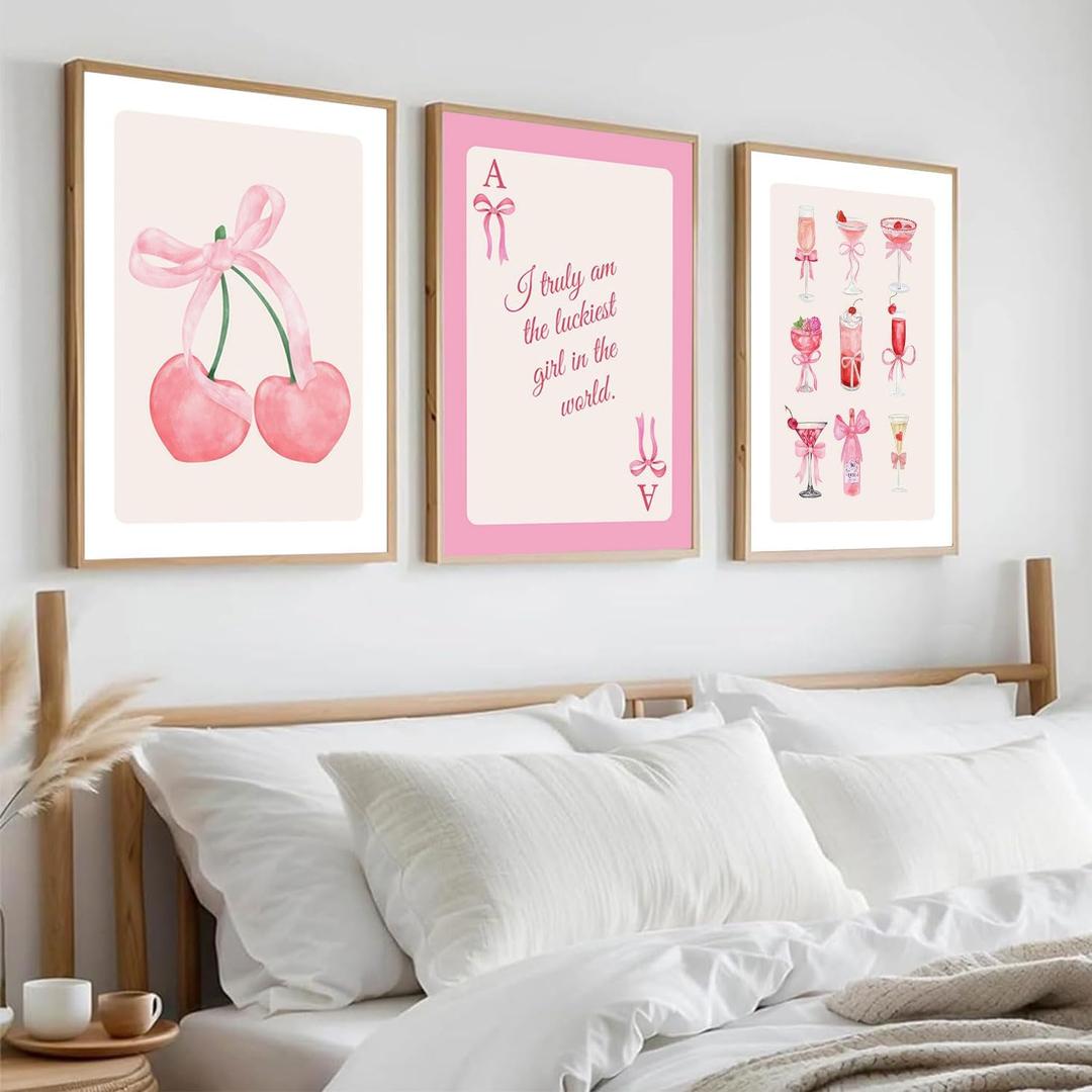 YHLARTQR 3Pcs Trendy Pink Cherry Bows Wall Art Coquette Preppy Wall Decor Posters Pink Cocktail Painting Pictures Lucky Girl Poker CanvasPrints for College Apartment Home Decoration 12x16in Unframed