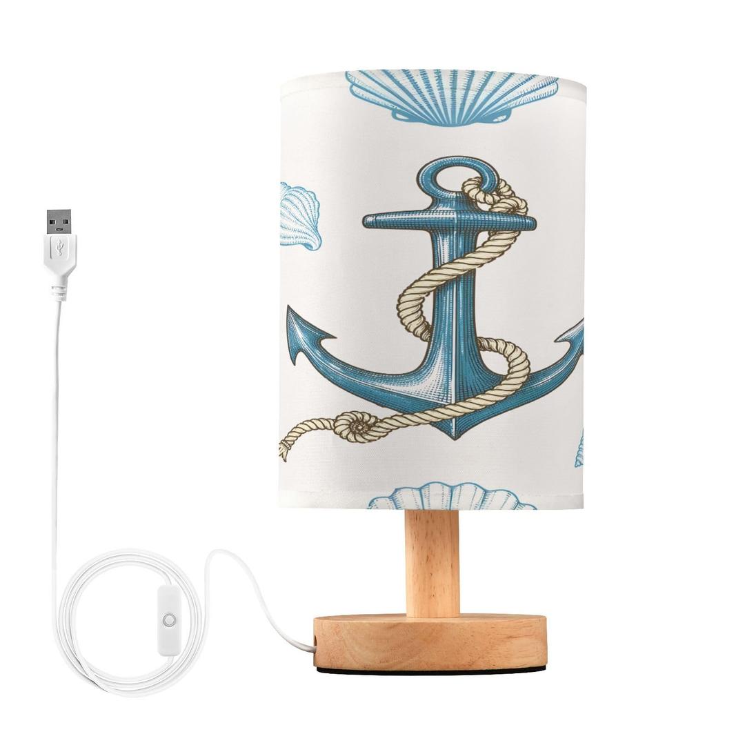 BOENLE Bedside Lamp Nautical Anchors Seashells Table Lamp for Bedroom LED Nightstand Lamp Shade USB Ports Wood Base for Living Room Dorm Office