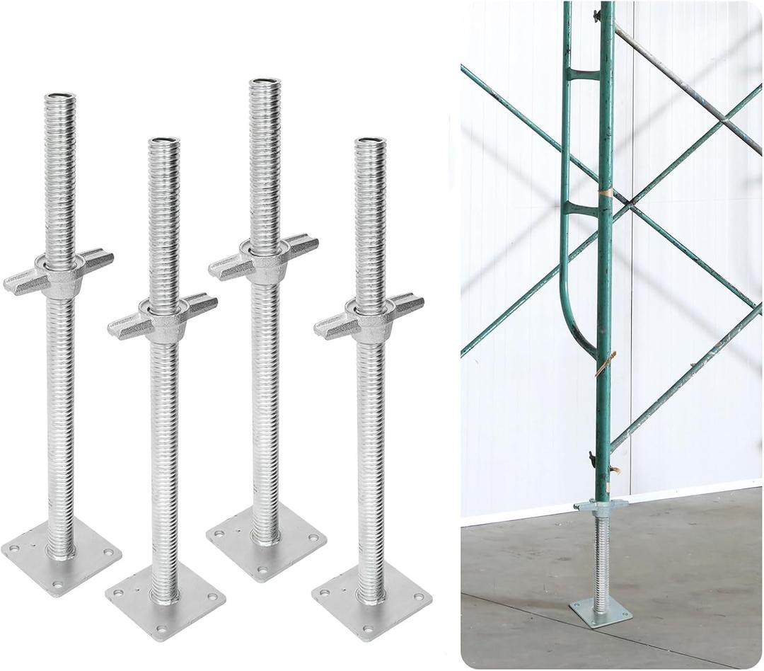 jxgzyy 4 Pcs 24" Adjustable Scaffold Leveling Jack 1-3/8" OD Galvanized Screw Jack with Base Plate Threaded Rod Scaffolding Feet for Baker-Style Scaffolding