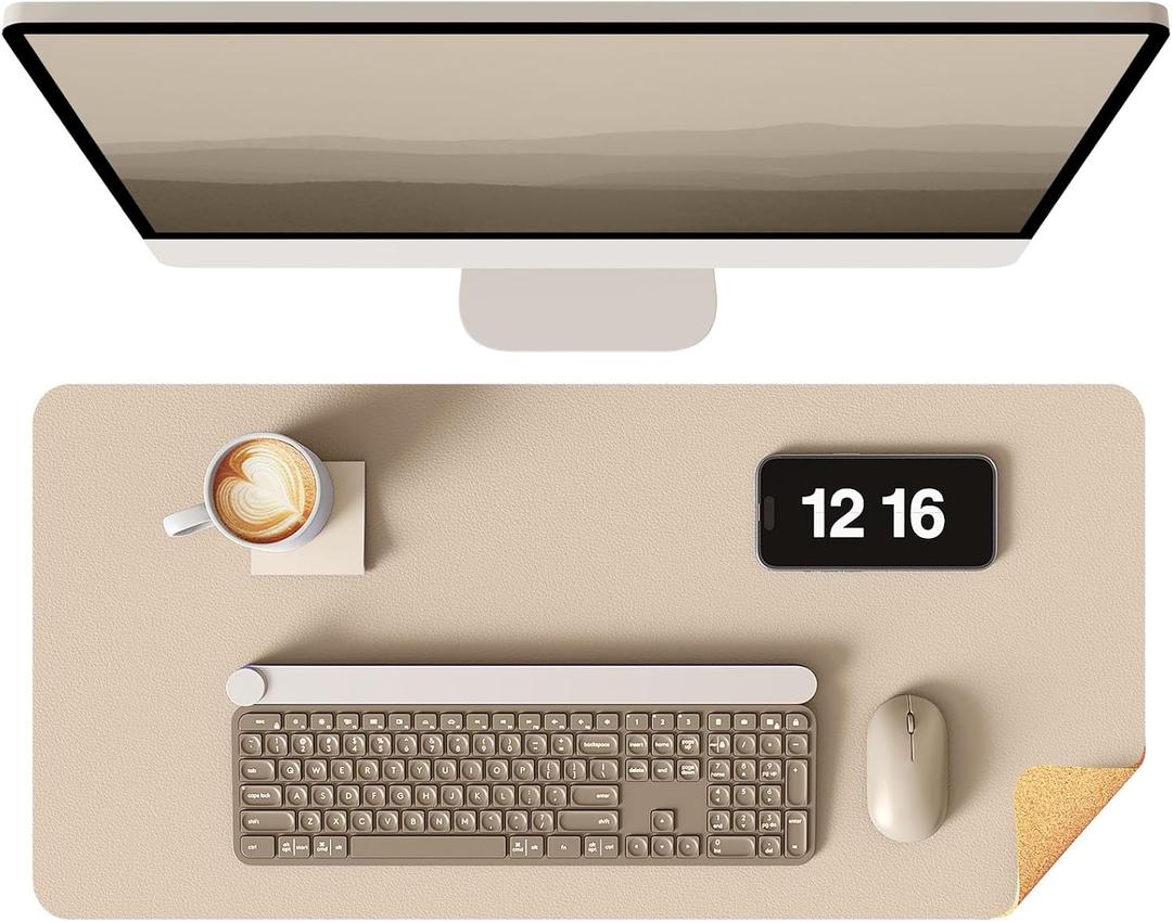 YSAGi Double-Sided Desk Pad, 35.4"x17" Leather Desk Mat, Eco Cork Desk Pad Protector,Large Mouse Pad,Waterproof Desk Blotter for Office/Home (Beige/Cork)