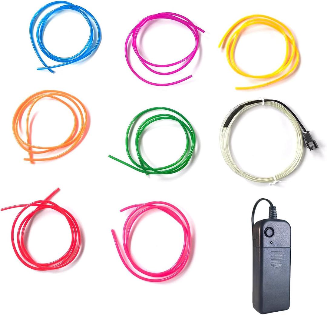 MaxLax EL Wire DIY Mutilcolor, 9.8ft/3m Portable Battery Pack Neon Lights Strip 360 Cuttable Glowing Rope Lights for Parties, Halloween