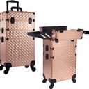 Frenessa Rolling Makeup Train Case 3 in 1 Professional Cosmetic Trolley Large Storage with keys Swivel Wheels Salon Barber Case Traveling Cart Trunk for Make Up Nail Tech - Vintage Rose Gold