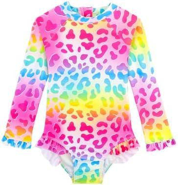 Baby Toddler Girl Long Sleeve Ruffle Swimsuit One Piece Zipper Rash Guard Bathing Suit with UPF 50+ Sun Protection 120