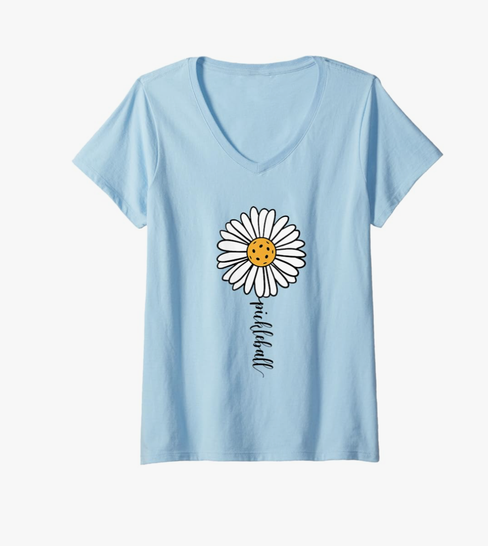 Womens Pickleball Daisy Flower V-Neck T-Shirt,XL