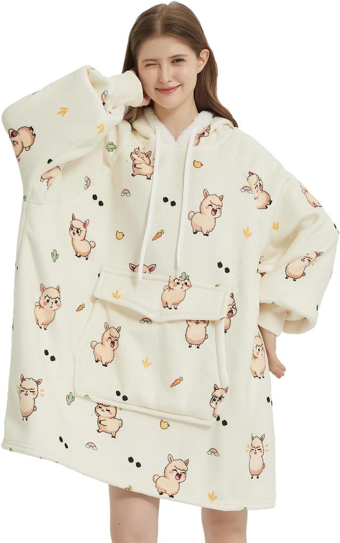 Qeils Wearable Blanket Hoodie for Women, Comfy Sherpa Sweatshirt Blanket as Birthday Christmas Gifts, Oversized Pullover Jacket Blanket Hoodie for Adult (Llama, Adult)