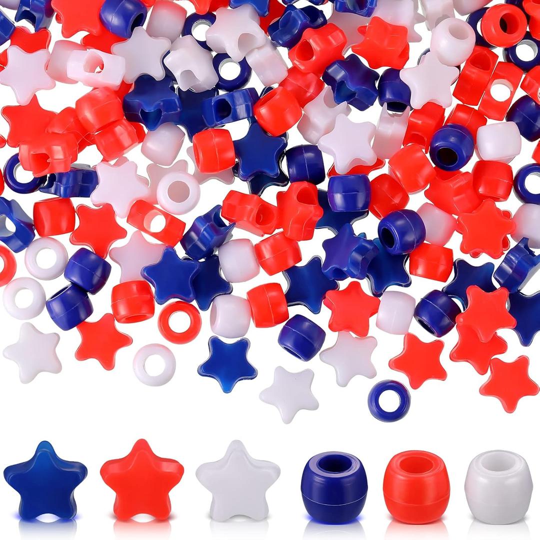 Highergo 1000 Pcs Independence Day Red White and Blue Pony Beads Patriotic 4th of July Barrel and Star Pony Beads for Crafts DIY Earring Necklace Wristband Jewelry Making