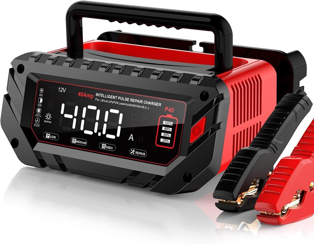 40 AMP Car Battery Charger, 6V/12V/24V Lead-Acid, Lithium, LiFePo4 Smart Battery Charger, Large Screen Trickle Charger, Fully Automatic Chargers and Maintainer for Car, Motorcycle, Lawn Mower