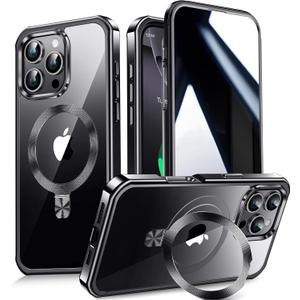 [CD Metal Ring Stand + Built-in Privacy Screen Protector] Magnetic Case for iPhone 16 Pro Max 6.9" [Soft Bumper Full Signal] [Compatible with MagSafe] 9H Glass Full Body Shockproof Clear Case, Black