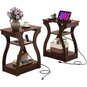 WLIVE End Tables Living Room Set of 2, Cherry Side Tables with Charging Station, Nightstand for Bedroom, 3 Tier End Table with Storage Shelf, Side Table Set of 2 for Living Room, Cherry