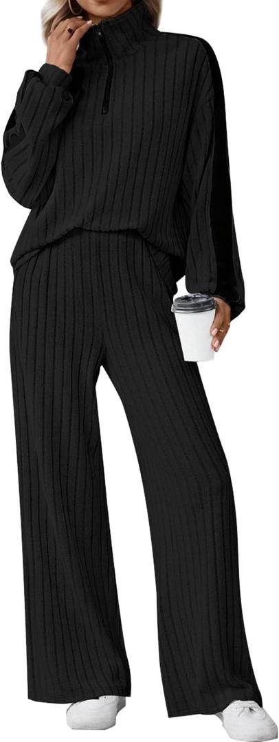 JUSTFASHIONNOW Womens 2 Piece Outfits Ribbed Knit Lounge Sets Cozy Half Zip Sweatsuit Sets Wide Leg Jogger Tracksuits